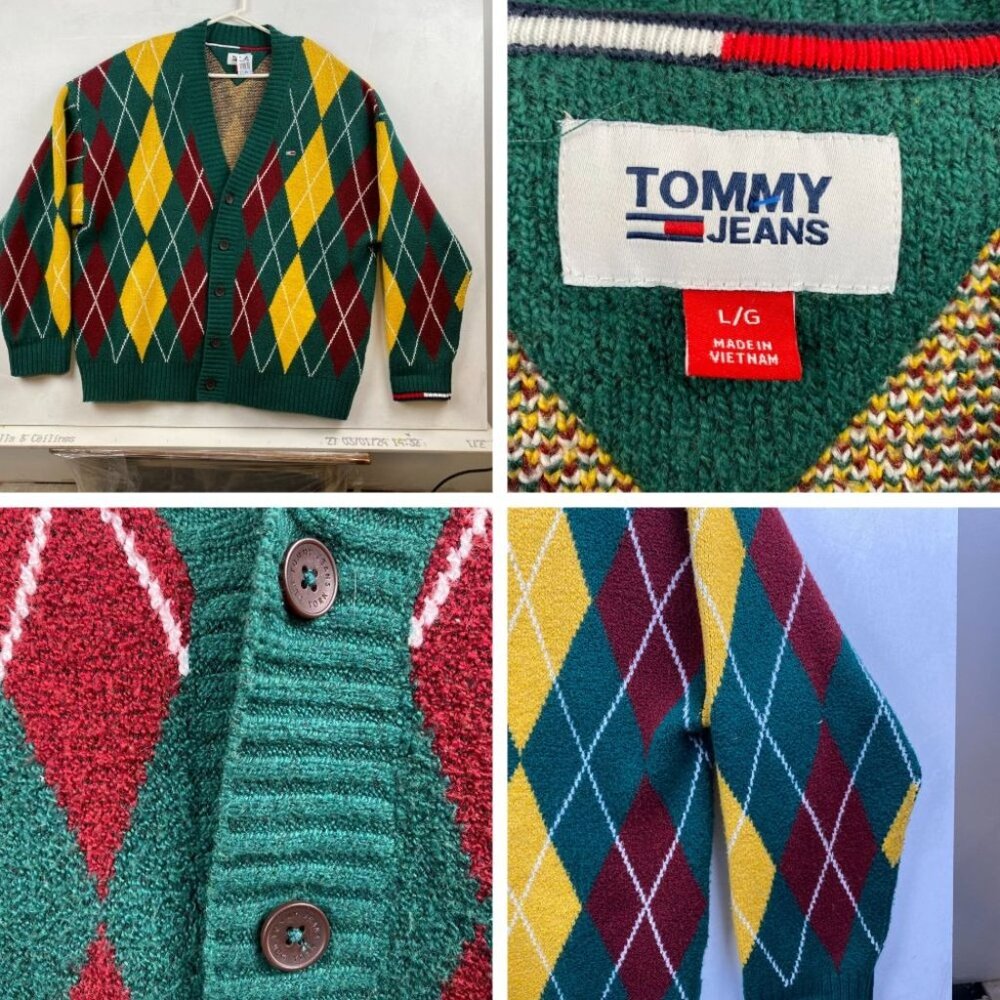 Tommy Hilfiger Argyle Cardigan Sweater Mens Large Multicolor Wool Blend
